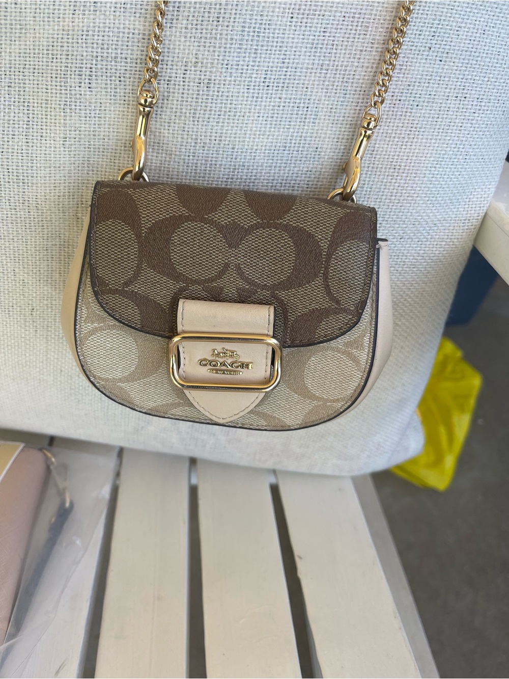 Coach Two-Tone Signature Saddle Crossbody in Brown and Cream